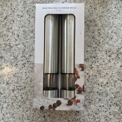 NEW Sur La Table Electric Salt & Pepper Mill Grinder Set Stainless Steel