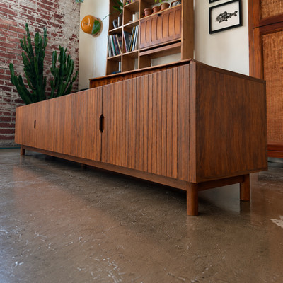87'' Low Profile TV Stand Mid Century Modern Fluted Wood Storage Media Console