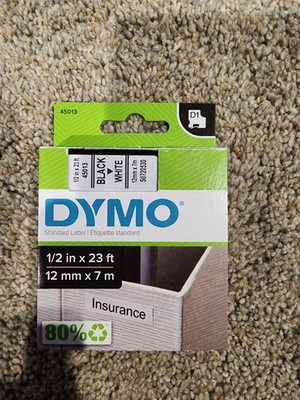 DYMO 45013 Standard D1 Labeling Tape Black Print on White 1/2'' x 23ft NEW