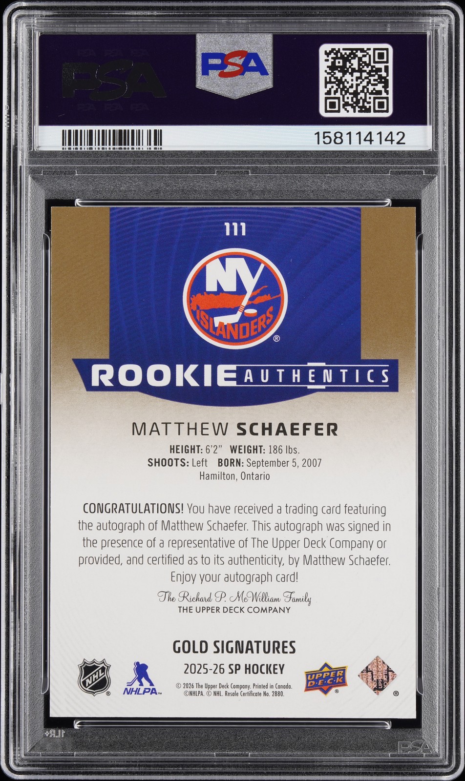 2025 UD SP SIGNATURE-GOLD #111 MATTHEW SCHAEFER ROOKIE RC 7/25 PSA 10 AUTO view 2