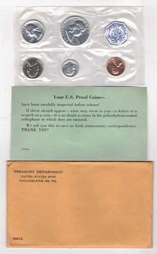 US 1960 SILVER PROOF SET of 5-Coins in Original Cello Wrap & Envelope with COA