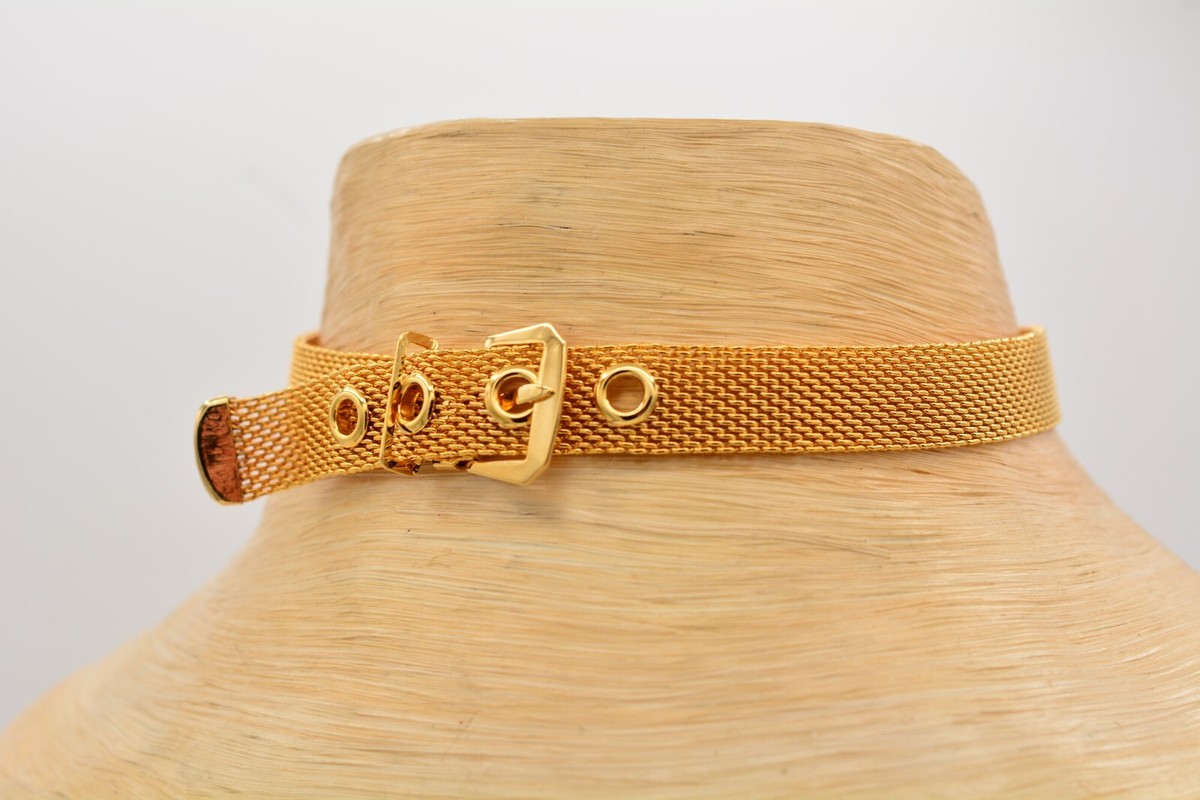 Vintage Choker Necklace Mesh Chain Belt Buckle Collar Gold Chunky 