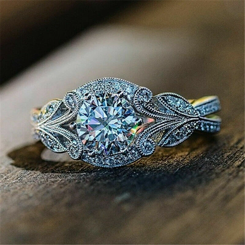 Mujeres Precioso Anillo de Boda Redondo Hoja de Topacio Blanco Plata 925 Promesa Joyería Foto 3 de 4