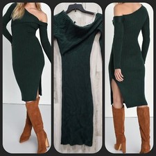 LULUS Fireside Sweetie Emerald Green Off The Shoulder Midi Sweater Dress MEDIUM