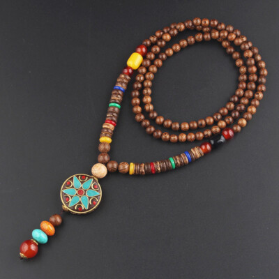 Collier BOUDDHISTE Népalais 70cm - Perles BOIS & Pendentif Métal - Neuf