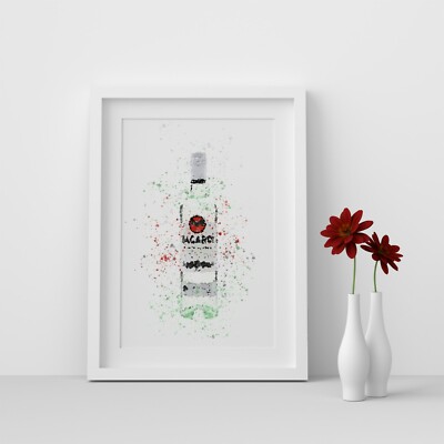 Bacardi weiße Rumflasche Aquarell Splash A3, A4, 8x6, 5x7, 4x6 Wandkunstdruck