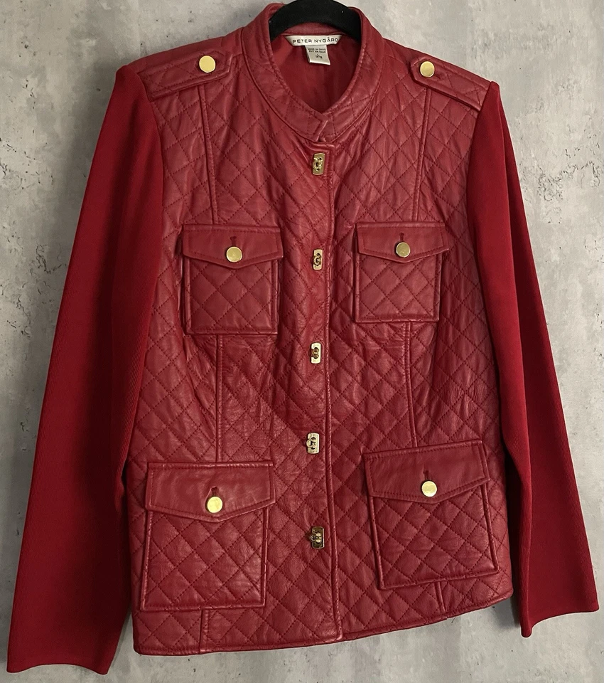 Chaqueta/Suéter Peter Nygard Acolchado Cuero/Rojo Tejido Cierre de Cierre Dorado Talla Lrg Foto 4 de 4