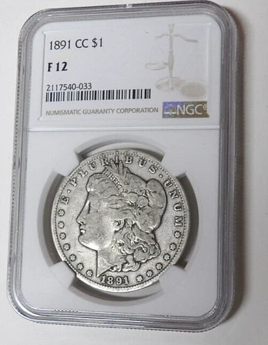 NGC F 12 1891-CC Morgan Silver Dollar Carson City Mint Label #2117540-033