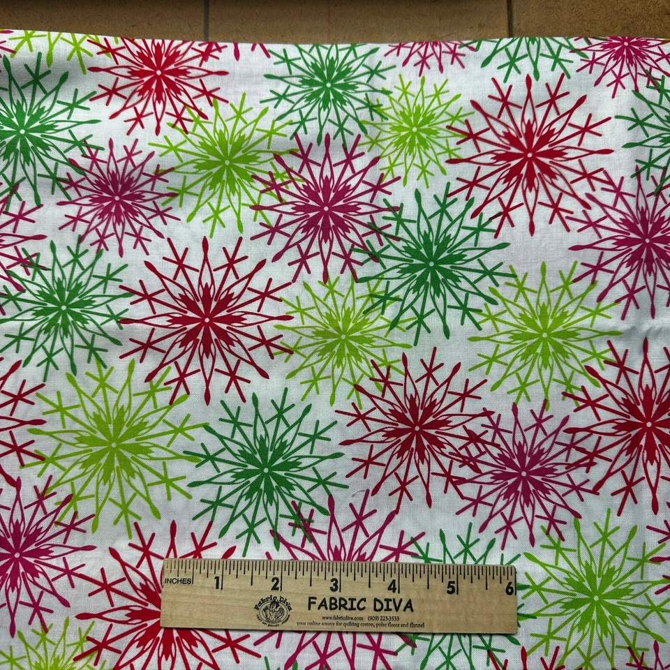 Bright Pink Green Snowflakes On White 100% Cotton Fabric By The Yard Christmas - Image 2 of 2