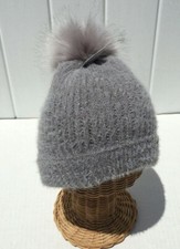Gray Winter Warm Soft Knit Faux Fur Pom Fleece Lined Skull Cuff Beanie Hat D
