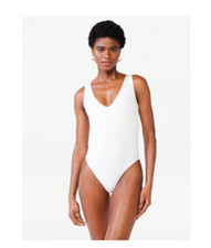 Scoop Women's Sleeveless Double V-Neck Fitted Full Coverage Bodysuit White XS