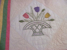 Gorgeous BASKET OF TULIPS Vintage Quilt Applique Embroidered Hand Quilted 72x90