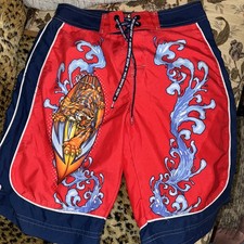 JNCO Jeans, Board Shorts, Swim Bottoms.Waist 28 Inch.Youth Size 14.Tiger.Red.VTG