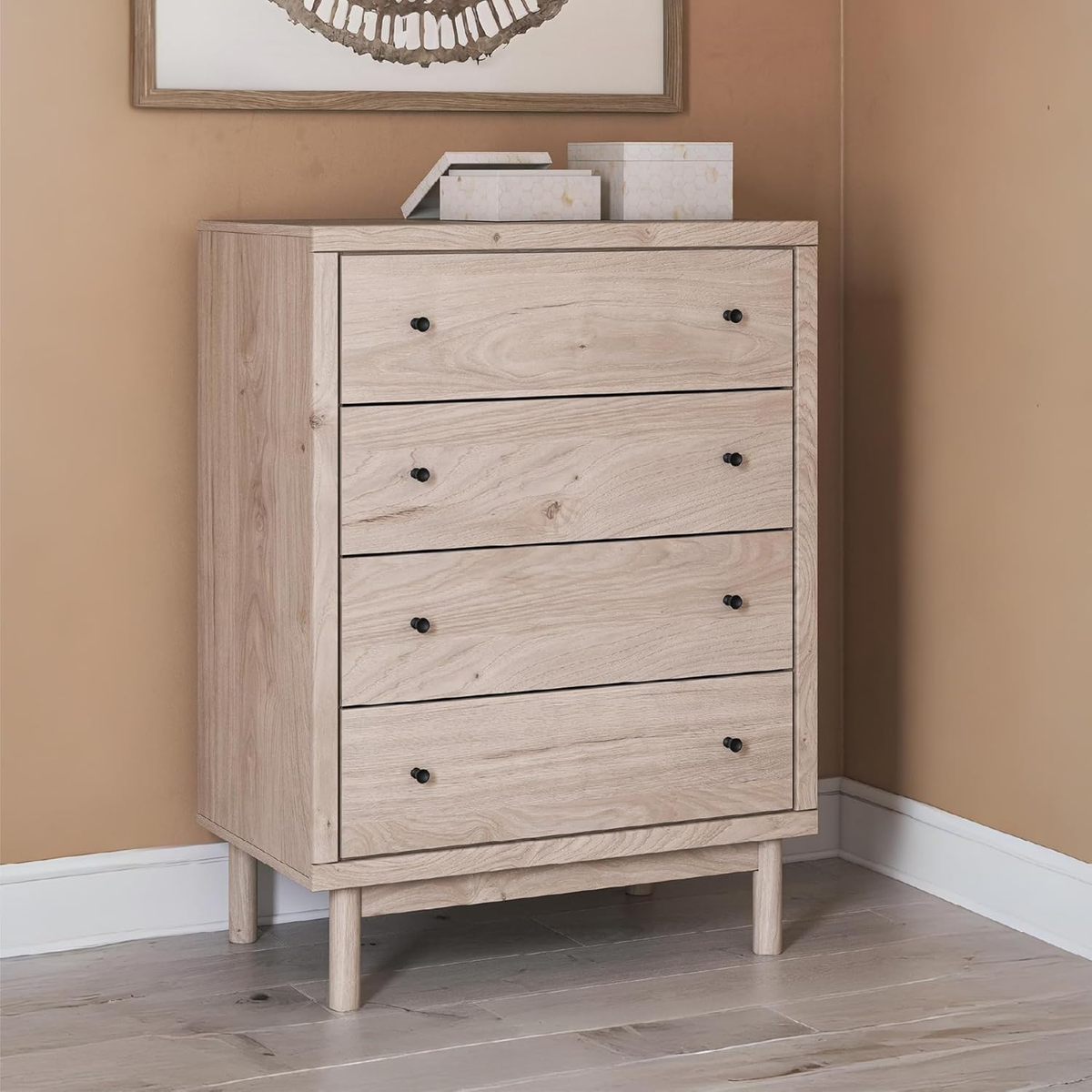 Mid-Century Modern 4-Drawer Chest with Glide & Safety Stop, Light Brown |  eBay