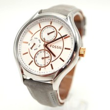 Fossil Silver Tone 40mm Gem Set Calendar Watch Leather Strap BQ3199 New Battery