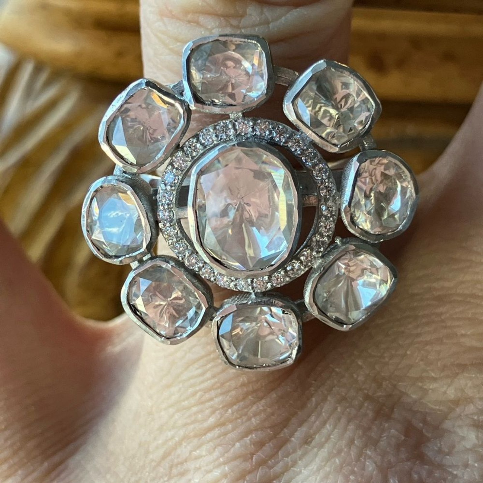 Polki Crystal Sterling Silver Cocktail Ring Size 6