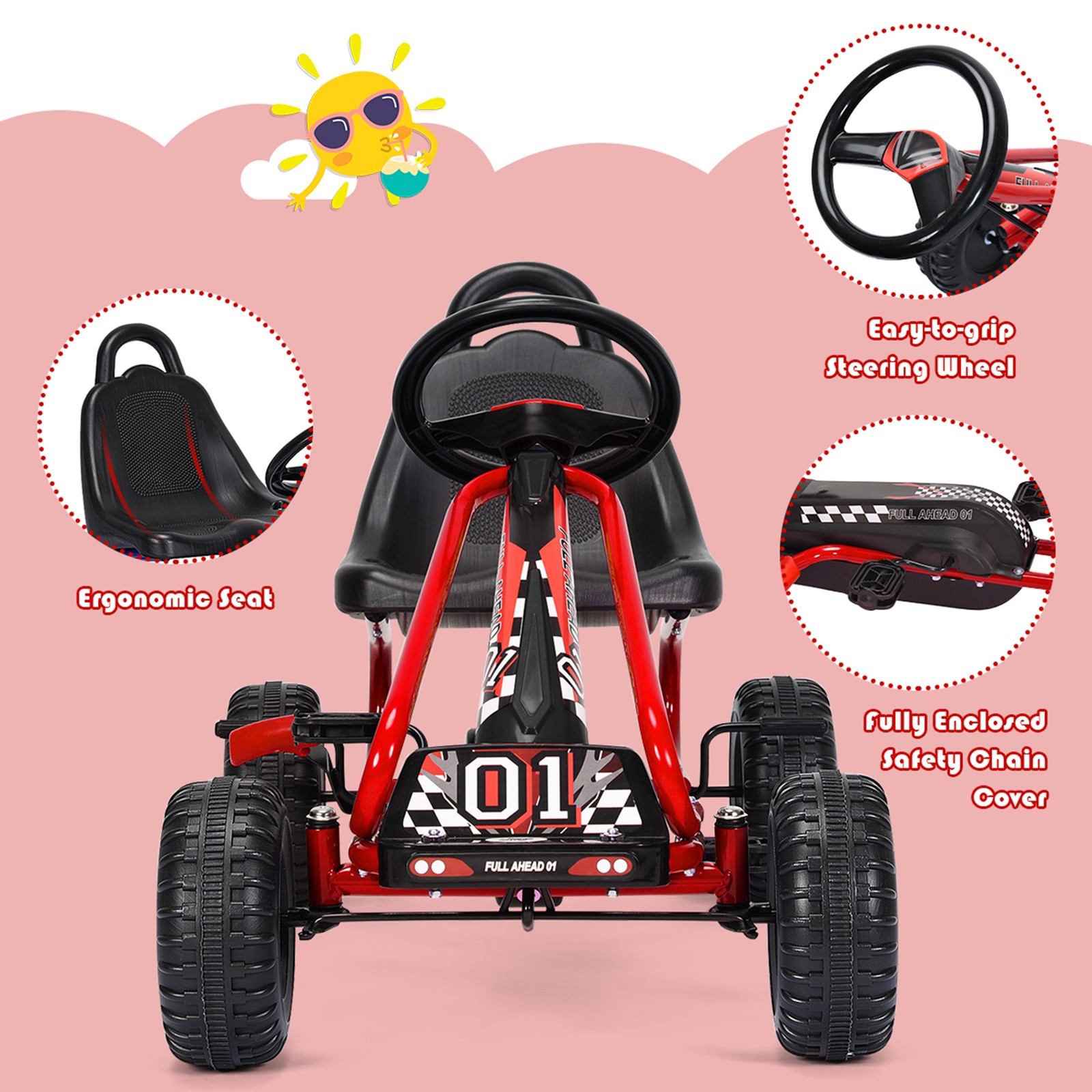 Kids Pedal Go Kart 4 Wheel Ride On Toys w/ Adjustable Seat & Handbrake Red