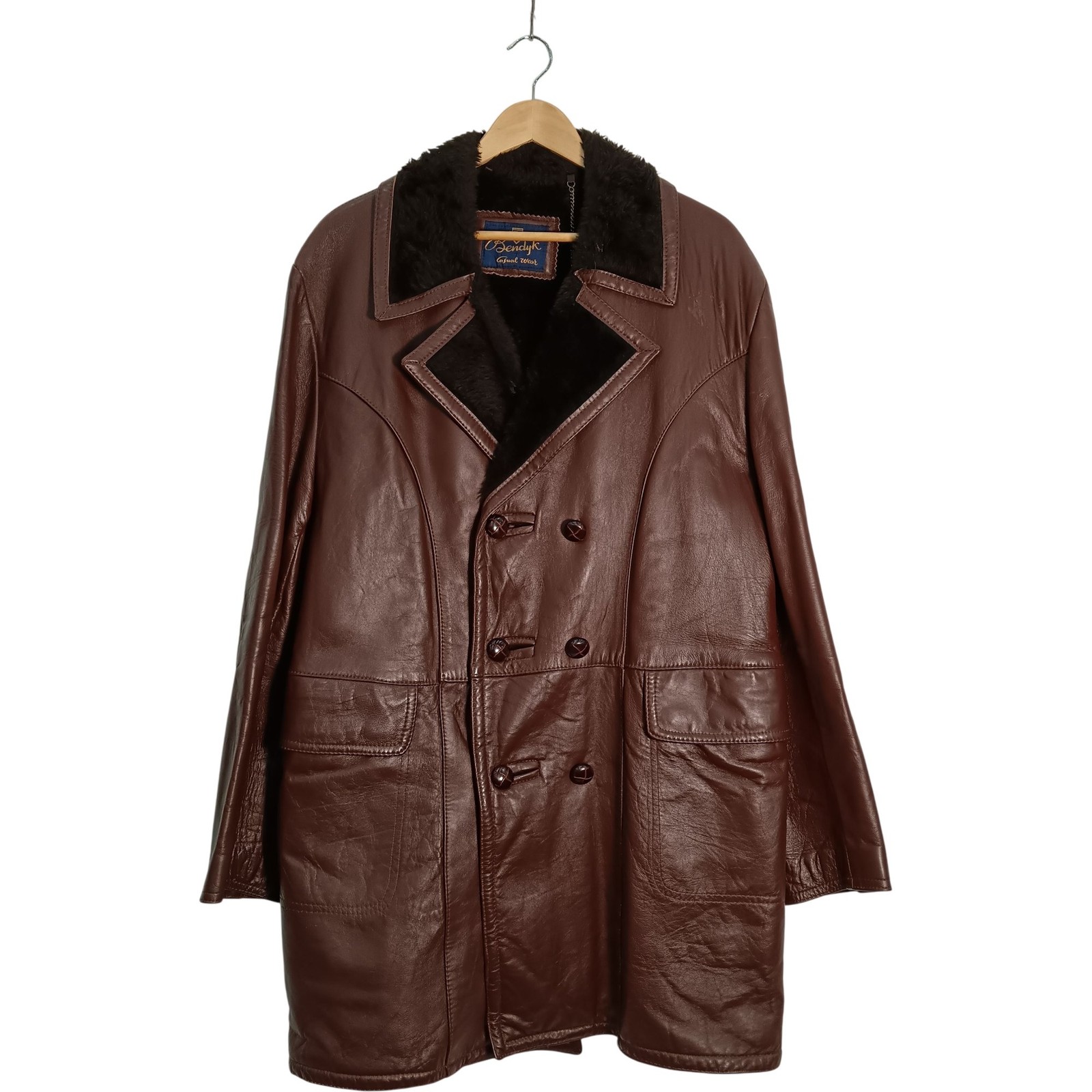 Vintage Sendyk Leather Overcoat Men's Large Brown Double Breasted Preloved