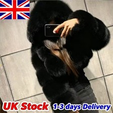UK Women Faux Fur Hood Shaggy Short Jacket Winter Cropped Top Coat Warm Outwear