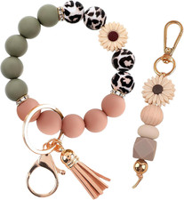 2PCS Bracelet Key Ring Set, Cute Car Key Chain Wristlet, Silicone Beaded Bangle