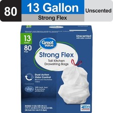 Strong Flex 13 Gallon Drawstring Tall Kitchen Trash Bags, Unscented, 80 Count