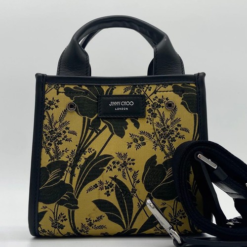 JIMMY CHOO Floral Canvas Leather 2-Way Shoulder Bag Shopper Tote Black Yellow