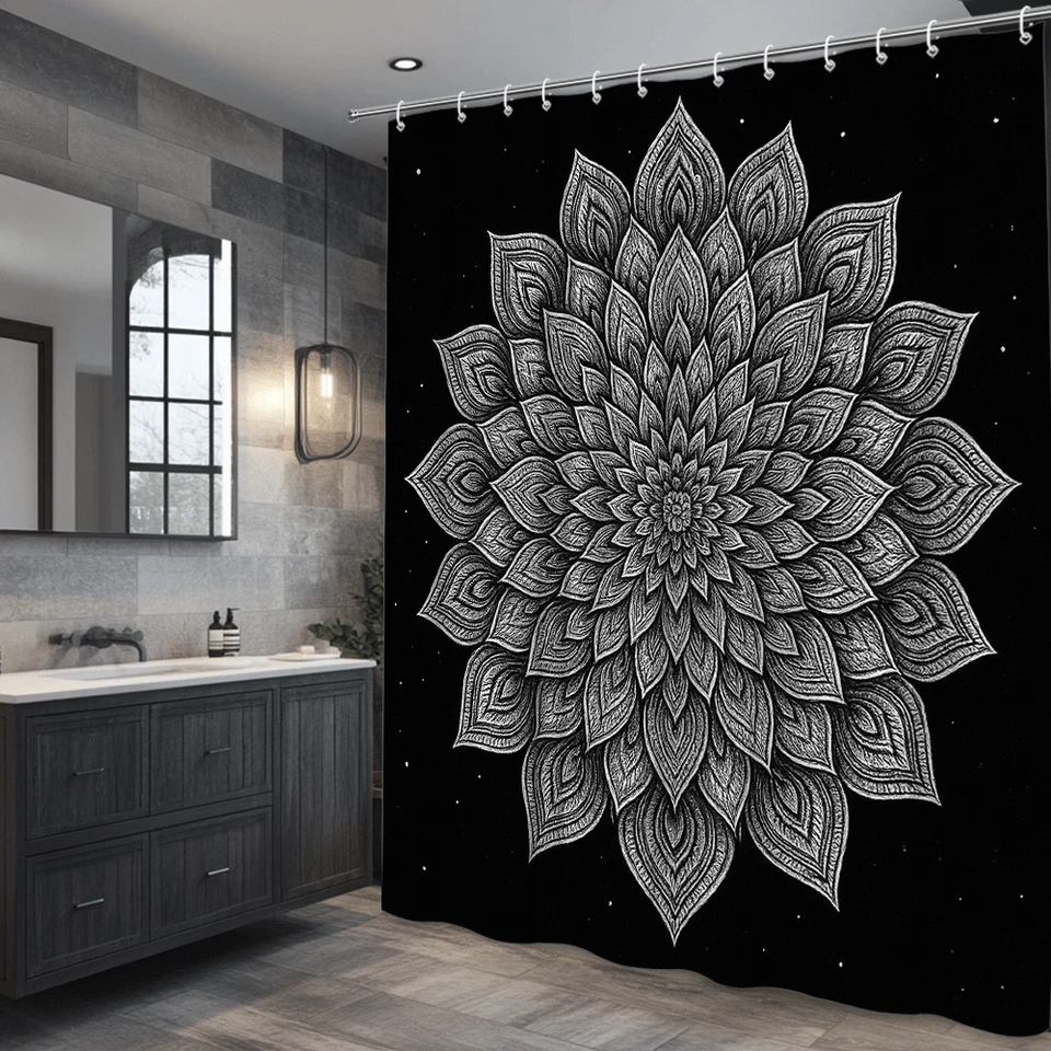 Elegante cortina de ducha mandala blanco y negro para decoración de baño Foto 4 de 4