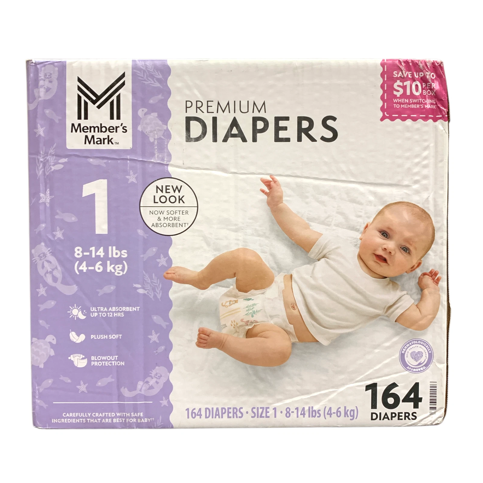 Member's Mark Premium Diapers, Hypoallergenic, Size 1 (8-14lbs.), 164 Count.
