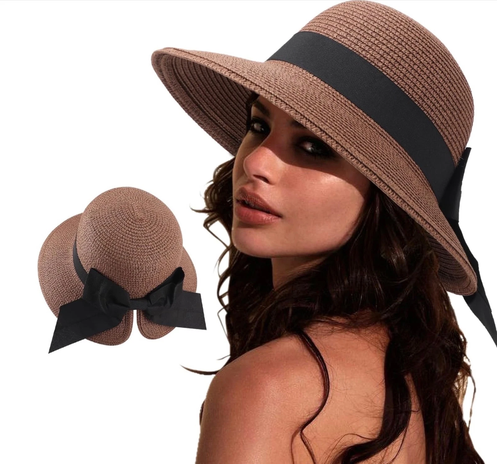 Sun Hats for Women Travel Fedora Foldable Beach Sun Hat Summer Wide Brim Straw B