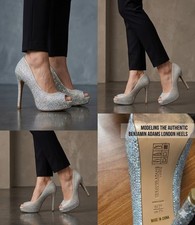 Benjamin Adams London Silver Jewel Encrusted Peep Toe Platform Pumps S 7.5/38