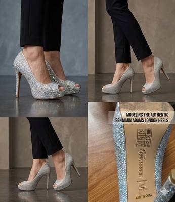 Benjamin Adams London Silver Jewel Encrusted Peep Toe Platform Pumps S 7.5/38