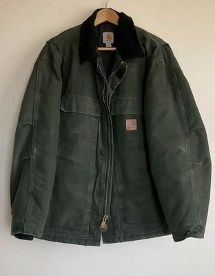 Carhartt Jacket Green Moss C26 Duck Canvas Corduroy Collar Barn Chore LARGE 
