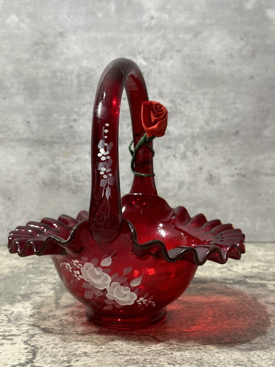 Vintage Fenton Art Glass Basket Ruby Red Hand Painted White Roses