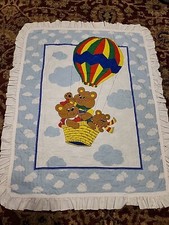 Vintage Baby Quilted Blanket Crib Bears Hot Air Balloon 36 X 46 Sweet