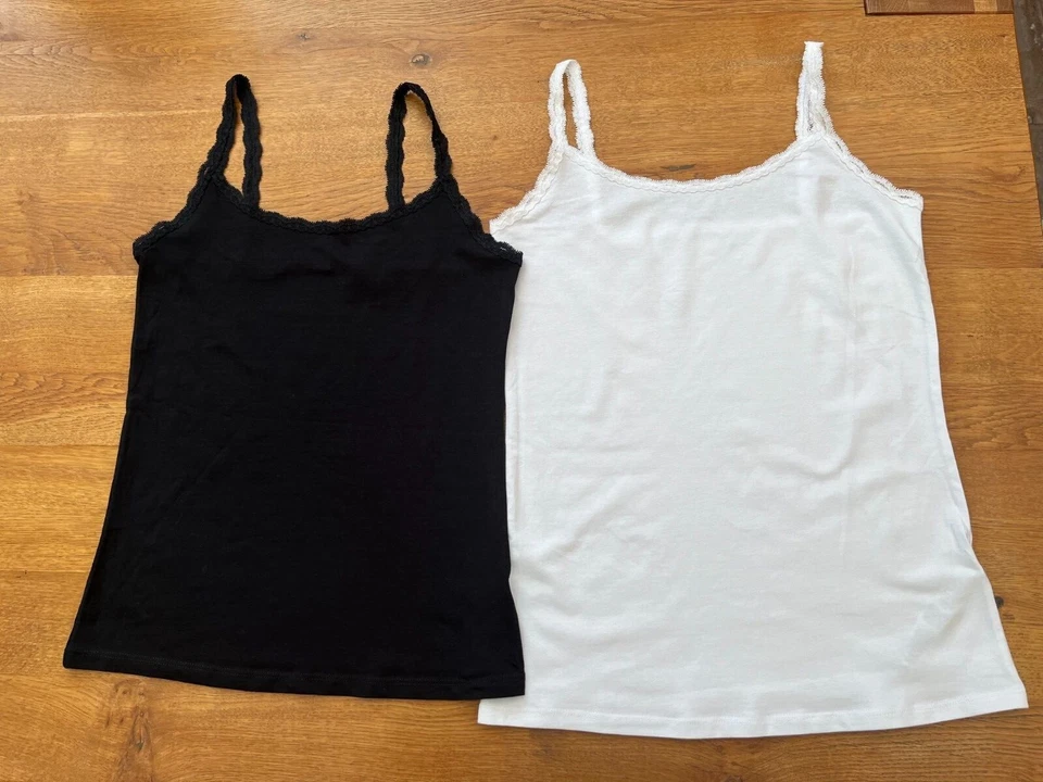 Ex-Famous Store Cotton-Rich Lace Trim Camisole - BNWOT - Black/White-Many Sizes - Image 1 of 1