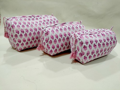 Floral Block Printed Cotton Quilted Toiletry Purse Cosmetic Storage Bag Of 3 Pc - Picture 1 of 4