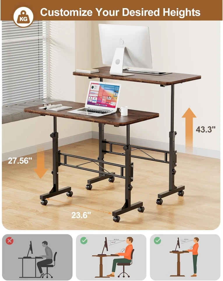 Small Standing Desk Adjustable Height, Mobile Stand Up Desk with Wheels, Rustic - Image 3 of 4
