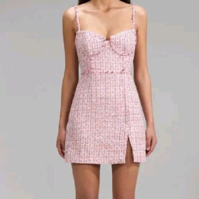 self portrait pink boucle off shoulder mini dress self-portrait Sequin Boucle Belted Mini Dress in Blush