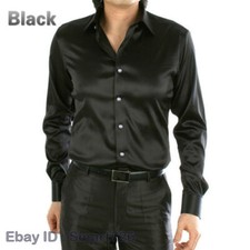 Mens Faux Satin Silk Dress Shirt Business Formal Long Sleeves Blouse Tops Office