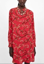 New ZARA BASIC CHAIN BELTS PRINT MINI SHIRT DRESS SIZE M MEDIUM RED LONG SLEEVE