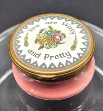 Bilston England Pink Enamel Trinket Box "You Are Witty And Pretty" Floral W/Lid