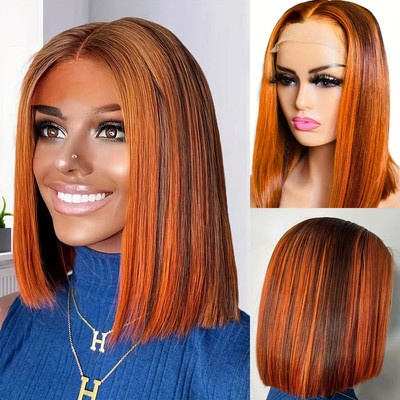Highlight Ginger Orange Straight Bob Cut 13x4 Lace Frontal Wigs Glueless Wigs