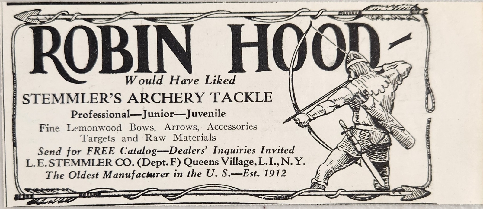1928 Print Ad Stemmler's Archery Tackle Bows Robin Hood Queens Village