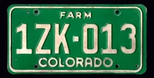 1980's CO Colorado FARM Farmer License Plate 1ZK-013 Gilpin County - rare county