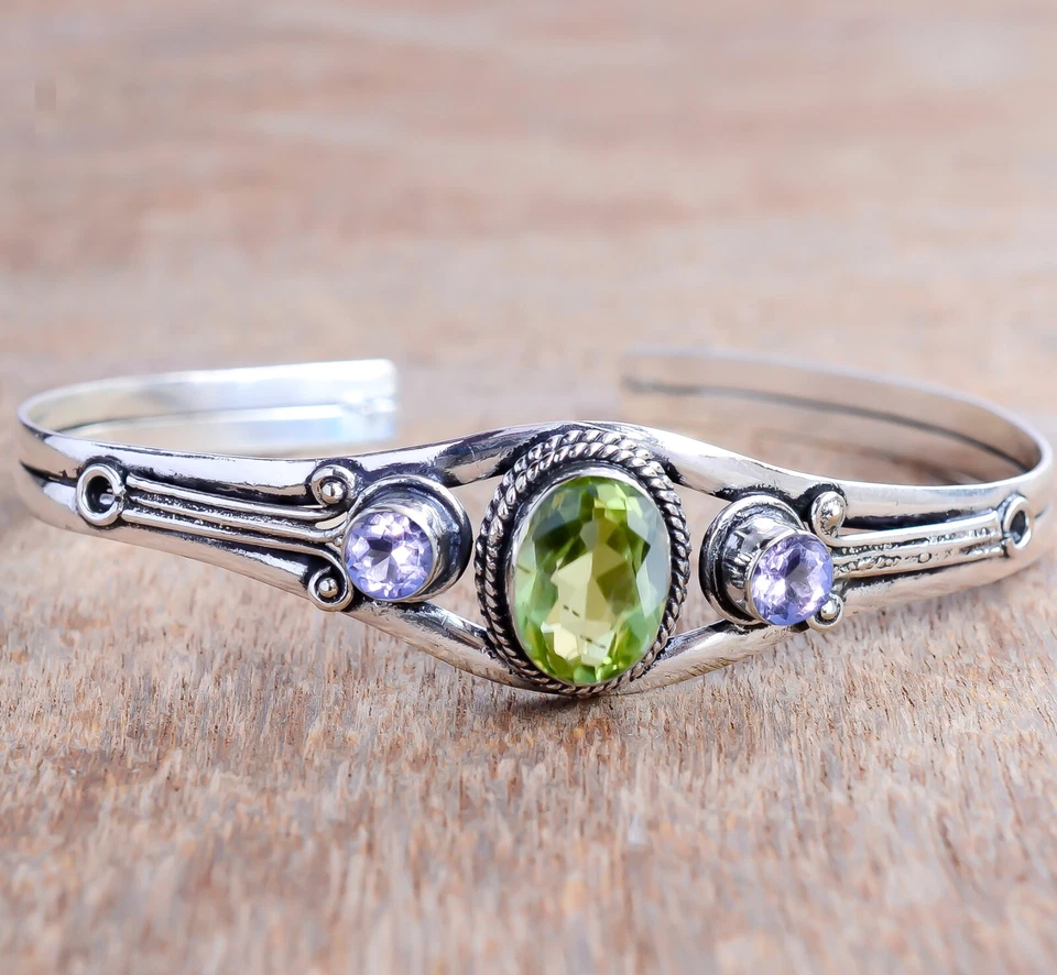 Peridot Cut, Amethyst Gemstone Bracelet 925 Sterling Silver Handmade Man's Cuff - Image 2 of 4