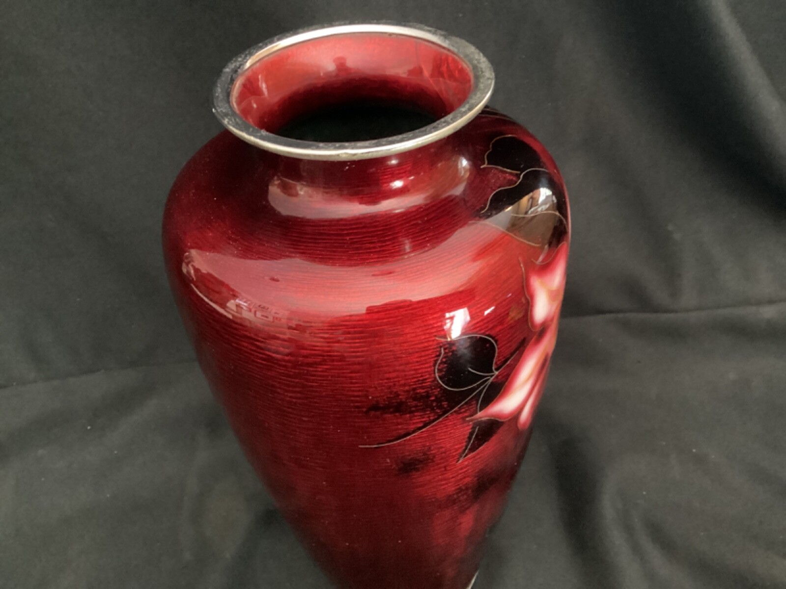 Signed ANDO 9 1/2” Tall Vintage Cloisonne Vase Red Pigeon Blood