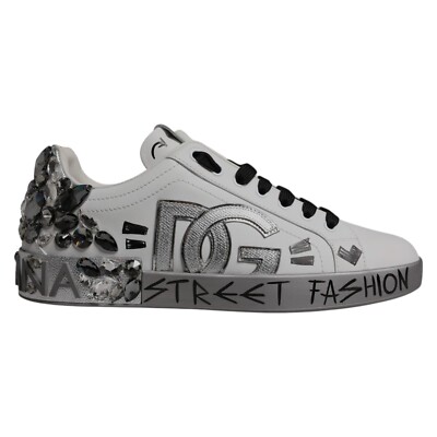 DOLCE & GABBANA Shoes White Silver Crystal Logo Portofino Sneakers EU42 / US9