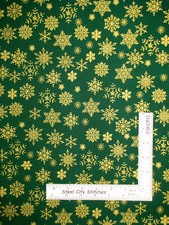 Christmas Gold Metallic Snowflakes on Green Cotton Fabric 49802M02 By The Yard