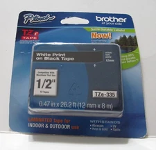 Brother TZe Standard Adhesive Laminated Labeling Tape 1/2w White on Black TZE335