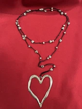 Silver Toned Beaded Heart & Free Form Heart Pendant Necklace 34 Inch